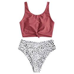 ZAFUL Zweiteiliger Beachwear Set, verknotet Oberteil mit Schulterträger & Tropisches Blattmuster Badehose (Kirschrot, L) von ZAFUL