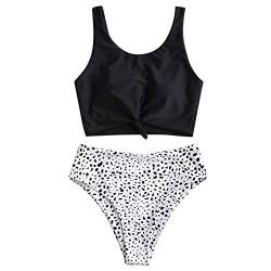 ZAFUL Zweiteiliger Beachwear Set, verknotet Oberteil mit Schulterträger & Tropisches Blattmuster Badehose (Schwarz, 2XL) von ZAFUL