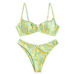ZAFUL Zweiteiliger Bikini Set, Blumenmuster Hoch Geschnitt Bikini mit Bügel & V-Badehose für Damen (M, Gelb) von ZAFUL