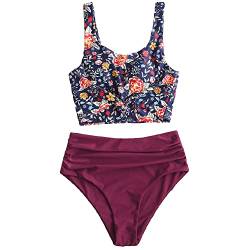 ZAFUL Zweiteiliger Bikini Set, verknotet Oberteil Tankini mit Blumenmuster Sexy Beachwear Sommer （2XL,Blumen-Weinrot） von ZAFUL