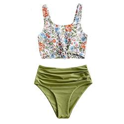 ZAFUL Zweiteiliger Bikini Set, verknotet Oberteil Tankini mit Blumenmuster Sexy Beachwear Sommer （M,Blumen-Zwiebelgrün） von ZAFUL