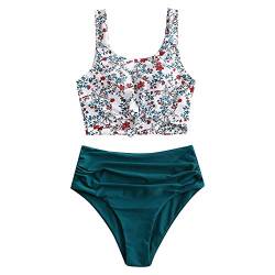 ZAFUL Zweiteiliger Bikini Set, verknotet Oberteil Tankini mit Blumenmuster Sexy Beachwear Sommer （S,Blumen-Pfauenblau） von ZAFUL