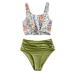 ZAFUL Zweiteiliger Bikini Set, verknotet Oberteil Tankini mit Blumenmuster Sexy Beachwear Sommer （S,Blumen-Zwiebelgrün） von ZAFUL