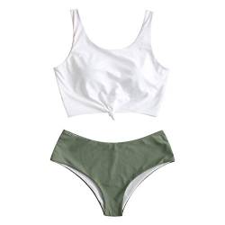 ZAFUL Zweiteiliger verknotet Tankini Beachwear Set, einfarbiger gepolsterter Badeanzug mit Schulterträger & Badehose für Damen (Grün, S) von ZAFUL
