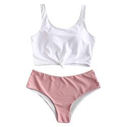 ZAFUL Zweiteiliger verknotet Tankini Beachwear Set, einfarbiger gepolsterter Badeanzug mit Schulterträger & Badehose für Damen (Rosa, L) von ZAFUL