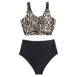 ZAFUL Zweiteiliger verknotet Tankini Beachwear Set, einfarbiger gepolsterter Badeanzug mit Schulterträger & Badehose mit Tropisches Blattmuster für Damen (Leopardenmuster, L) von ZAFUL