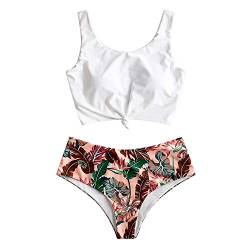 ZAFUL Zweiteiliger verknotet Tankini Beachwear Set, einfarbiger gepolsterter Badeanzug mit Schulterträger & Badehose mit Tropisches Blattmuster für Damen (Multi-A, S) von ZAFUL