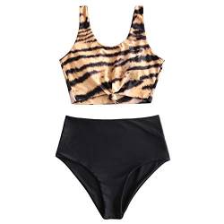 ZAFUL Zweiteiliger verknotet Tankini Beachwear Set, einfarbiger gepolsterter Badeanzug mit Schulterträger & Badehose mit Tropisches Blattmuster für Damen (Tiger-Muster, S) von ZAFUL