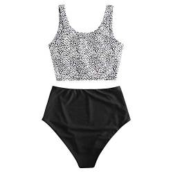 ZAFUL Zweiteiliger verknotet Tankini Beachwear Set, einfarbiger gepolsterter Badeanzug mit Schulterträger & Badehose mit Tropisches Blattmuster für Damen (Wellenpunkt, L) von ZAFUL