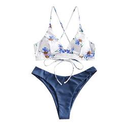 ZAFUL zweiteilig Bikini-Set, Blumenmuster Frauen drucken Push-Up gepolsterter BH Beach Bikini Set Triangle Badehose (Seidenblau, L) von ZAFUL