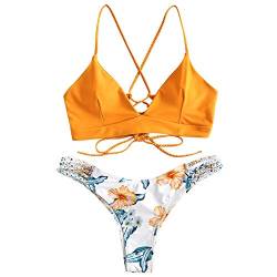 ZAFUL zweiteilig Bikini-Set mit Flechtgurt verstellbarem BH Push-Up Rücken, Triangle Bustle Badehose mit Blummenmuster (Gelb, S) von ZAFUL