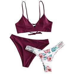 ZAFUL zweiteilig Bikini-Set mit verstellbarem BH Push-Up Rücken, Triangle Bustle Badehose mit Blummenmuster (Weinrot, L) von ZAFUL