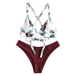 ZAFUL zweiteilig Bikini-Set mit verstellbarem BH & Rückengurt Design, Triangle Badehose mit Vögel-Gedruckt (Weinrot, L) von ZAFUL