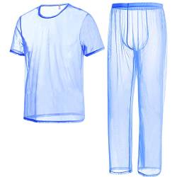 ZAIGELUO Herren Transparent Pajamas Sets Männer Durchsichtiges Sexy Mesh Lässig T Shirt Lounge Hosen Nachtwäsche 2XL Blau von ZAIGELUO