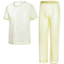 ZAIGELUO Herren Transparent Pajamas Sets Männer Durchsichtiges Sexy Mesh Lässig T Shirt Lounge Hosen Nachtwäsche 2XL Gelb von ZAIGELUO