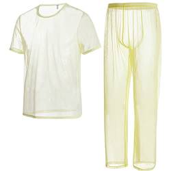 ZAIGELUO Herren Transparent Pajamas Sets Männer Durchsichtiges Sexy Mesh Lässig T Shirt Lounge Hosen Nachtwäsche 3XL Gelb von ZAIGELUO