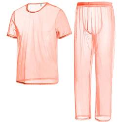 ZAIGELUO Herren Transparent Pajamas Sets Männer Durchsichtiges Sexy Mesh Lässig T Shirt Lounge Hosen Nachtwäsche 3XL Orange von ZAIGELUO