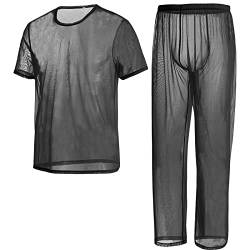 ZAIGELUO Herren Transparent Pajamas Sets Männer Durchsichtiges Sexy Mesh Lässig T Shirt Lounge Hosen Nachtwäsche 3XL Schwarz von ZAIGELUO