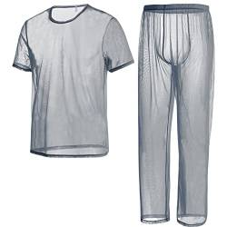 ZAIGELUO Herren Transparent Pajamas Sets Männer Durchsichtiges Sexy Mesh Lässig T Shirt Lounge Hosen Nachtwäsche L Grau von ZAIGELUO