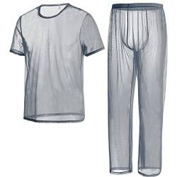 ZAIGELUO Herren Transparent Pajamas Sets Männer Durchsichtiges Sexy Mesh Lässig T Shirt Lounge Hosen Nachtwäsche M Grau von ZAIGELUO