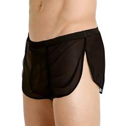 ZAIGELUO Herren Transparent Shorts Boxershorts Männer Mesh Durchsichtige Lockere Unterwäsche mit Large Split Side Atmungsaktive Freizeit Unterhose Nachtwäsche L Schwarz von ZAIGELUO