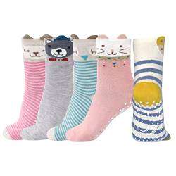 ZAKASA ABS Rutschfeste Kinder Stoppersocken: Lustige Anti Rutsch Haussocken Mädchen Bunte Non Slip Baumwolle Krabbel Socken mit Tiermotive Größe 20-22 Katze 2-4 Jahre Alt 5 Paare von ZAKASA