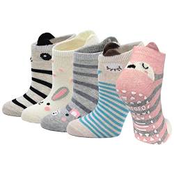 ZAKASA Anti Rutsch Mädchen Haussocken : ABS Lustige Non Slip Stoppersocken Bunte Non Slip Kinder Toddler Socken Baumwolle Krabbel Socken mit Tiermotive Größe 31-34 Hase 8-11 Jahre Alt 5 Paare von ZAKASA