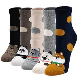 ZAKASA Bunte Damen Socken Baumwolle: Lustige Hunde Katzen Socken Interessante Frauen Sneakersocken Mit Panda Bär Motiv EU 35-41 Rundes Tier-5 Paare von ZAKASA