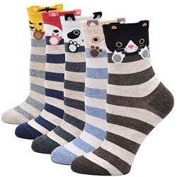 ZAKASA Bunte Damen Socken Baumwolle: Lustige Hunde Katzen Socken Interessante Frauen Witzige Sneakersocken Mit Panda Fuchs Motiv EU 35-42 Gestreiftes Muster-5 Paare von ZAKASA