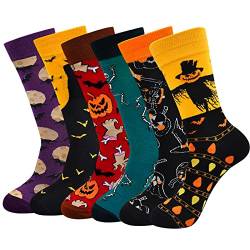 ZAKASA Halloween Socken Herren Lustig: Baumwolle Bunte Coole Witzige Gemusterte Strümpfe Weihnachts Geschenkideen Halloween Party Socken Bat, Scarecrow, Skeleton Man EU 39-46 Halloween C-6 paare von ZAKASA