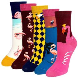 ZAKASA Lustige Socken Damen Baumwolle: Bunte Witzige Katzen Socken Interessante Frauen Tier Socken Motiv Sneakersocken Größe 35-41 Flamingo 5 Paare von ZAKASA