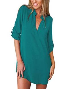 ZANZEA Bluse Damen V-Ausschnitt Langarm Elegant Hemd Chiffon Oversize Longblus Casual Tunika Oberteile Tops A-Cyan 36 EU von ZANZEA