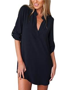 ZANZEA Bluse Damen V-Ausschnitt Langarm Elegant Hemd Chiffon Oversize Longblus Casual Tunika Oberteile Tops A-schwarz 36 EU von ZANZEA