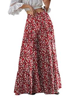 ZANZEA Damen Blumen hoher Taille Palazzo Hose mit weitem Bein Lange Einfarbig Casual Freizeithose Pants rot L von ZANZEA