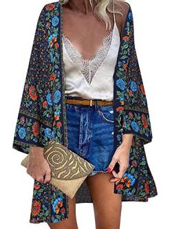 ZANZEA Damen Blumendruck Kimono Strickjacke Boho Strandkleid Pareos Poncho Sommer Strand Bikini Cover Up Blumen-Blau 4XL von ZANZEA