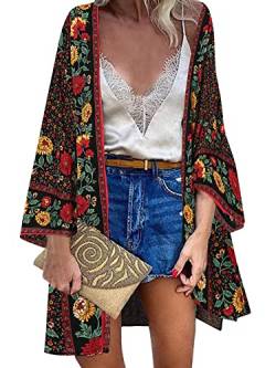 ZANZEA Damen Blumendruck Kimono Strickjacke Boho Strandkleid Pareos Poncho Sommer Strand Bikini Cover Up Blumen-Schwarz L von ZANZEA