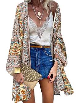 ZANZEA Damen Blumendruck Kimono Strickjacke Boho Strandkleid Pareos Poncho Sommer Strand Bikini Cover Up Boho-Beige XL von ZANZEA