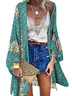 ZANZEA Damen Blumendruck Kimono Strickjacke Boho Strandkleid Pareos Poncho Sommer Strand Bikini Cover Up Boho-Grün XL von ZANZEA