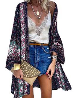 ZANZEA Damen Blumendruck Kimono Strickjacke Boho Strandkleid Pareos Poncho Sommer Strand Bikini Cover Up Boho-Marine XL von ZANZEA