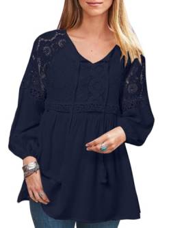 ZANZEA Damen Bluse Langarm Ausgehöhltes Spitzenbluse V-Ausschnitt Elegant Longbluse Casual Oversize Hemden Einfarbig Tops 01-Marineblaue M von ZANZEA