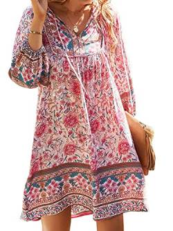 ZANZEA Damen Bohemian Tunika Kleid V Ausschnitt Strandkleid Blumendruck Kurzes Sommerkleider Retro Tunikakleider Freizeitkleid 10-Rosa 4XL von ZANZEA