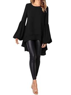 ZANZEA Damen Casual Lose Langarm Asymmetrische Tunika Tops Rundhals Laternenärmel Hemdkleid Mode Doppelschicht Bluse M-Schwarz 4XL von ZANZEA