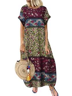 ZANZEA Damen Casual Maxikleid Lockere Passform Kurzarm Vintage Kleider mit Blumenmuster Rundhals Kleider mit Taschen C-Grün L von ZANZEA