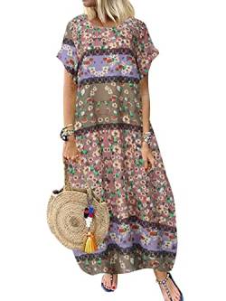 ZANZEA Damen Casual Maxikleid Lockere Passform Kurzarm Vintage Kleider mit Blumenmuster Rundhals Kleider mit Taschen C-Pink S von ZANZEA