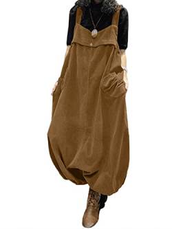 ZANZEA Damen Cord Latzhose Retro Elegant Jumpsuits Einfarbig Casual Oversize Overalls Haremshose mit Taschen A-Braun 3XL von ZANZEA