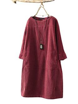 ZANZEA Damen Corduroy Kleider Rundhals Langarm Vintage Cordkleider Elegant Tunika Kleider mit Taschen C-Rot XXL von ZANZEA
