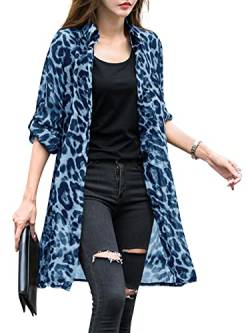 ZANZEA Damen Dünner Sommer Strickjacke Leopardenmuster Loose Bikini Cover Up Langarm Lang Strickjacke Kimono Cardigan A-Blau 3XL von ZANZEA