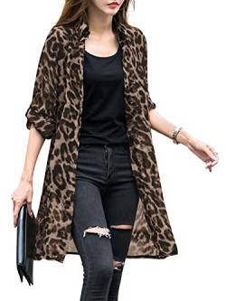 ZANZEA Damen Dünner Sommer Strickjacke Leopardenmuster Loose Bikini Cover Up Langarm Lang Strickjacke Kimono Cardigan A-Braun M von ZANZEA