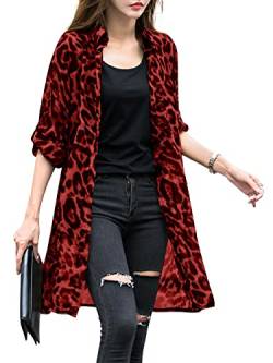 ZANZEA Damen Dünner Sommer Strickjacke Leopardenmuster Loose Bikini Cover Up Langarm Lang Strickjacke Kimono Cardigan A-Rot M von ZANZEA