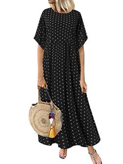 ZANZEA Damen Kleid Elegant Rundhals Kurzarm Maxikleid Loose Polka Dot Freizeitkleid Lässig Sommer Strandkleid C-Schwarze 4XL von ZANZEA